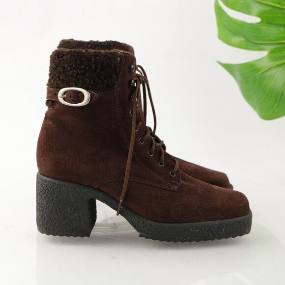 VTG Kamouraska Boot Size 6 Brown Suede Block Heel Lace Up Fur Collar Bootie - Picture 7 of 13